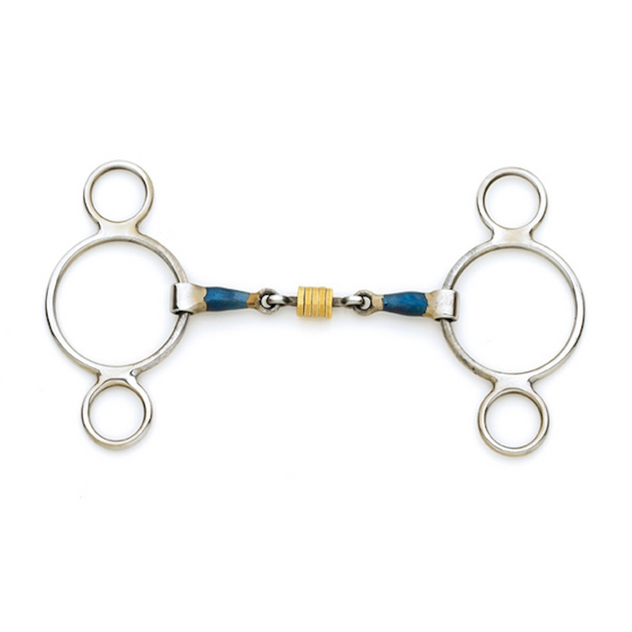 Blue Steel Double Jointed with Brass Rollers 2 Ring Gag Bit