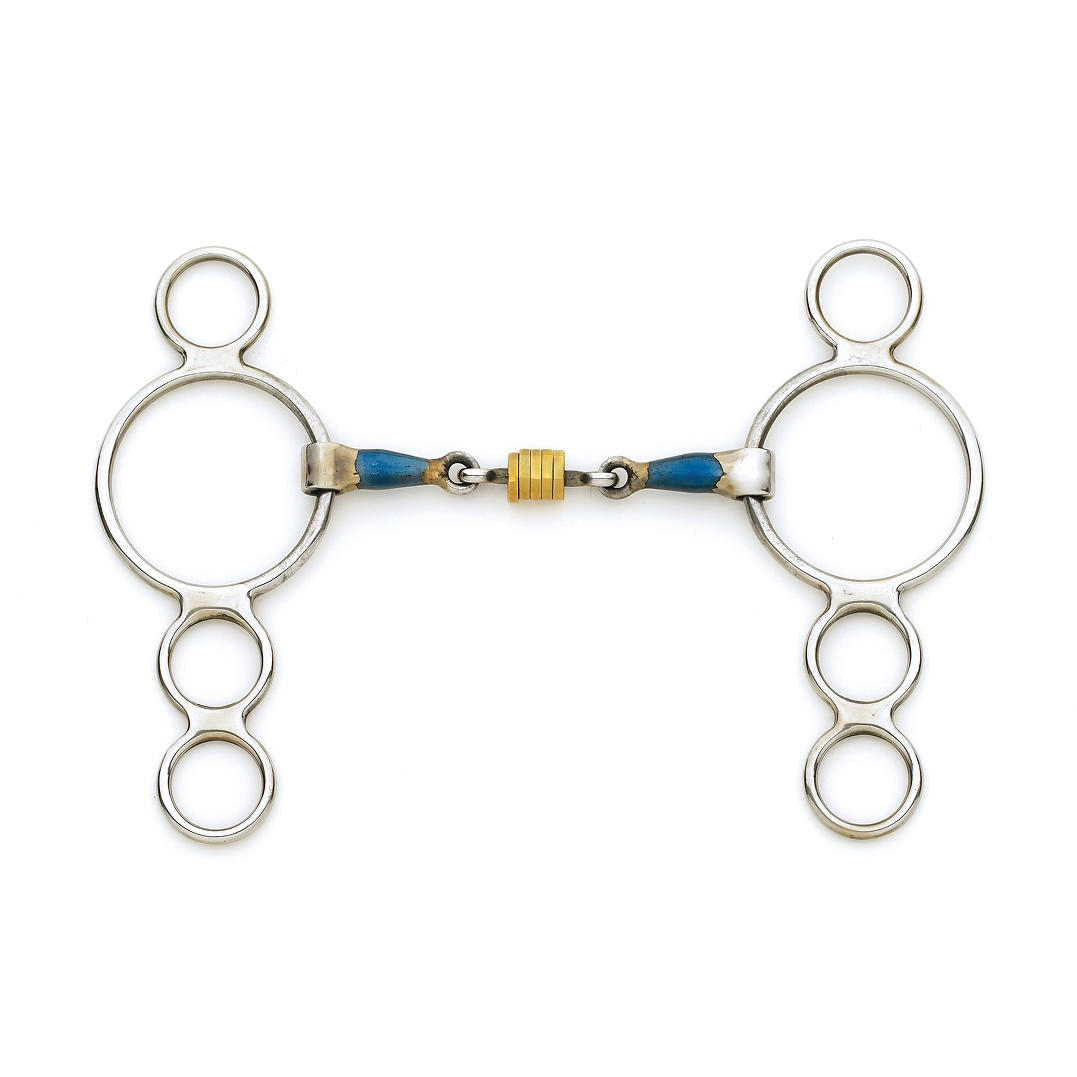Blue Steel Double Jointed with Brass Rollers 3 Ring Gag Bit