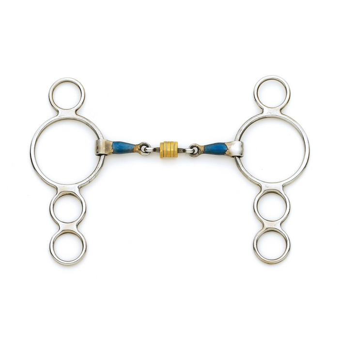 Blue Steel Double Jointed with Brass Rollers 3 Ring Gag Bit