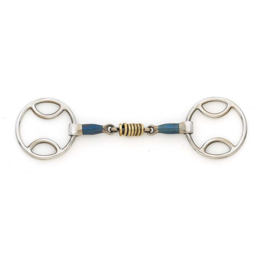 Blue Steel Double Jointed with Brass Rollers Loop Ring Gag Bit