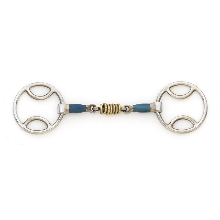 Blue Steel Double Jointed with Brass Rollers Loop Ring Gag Bit